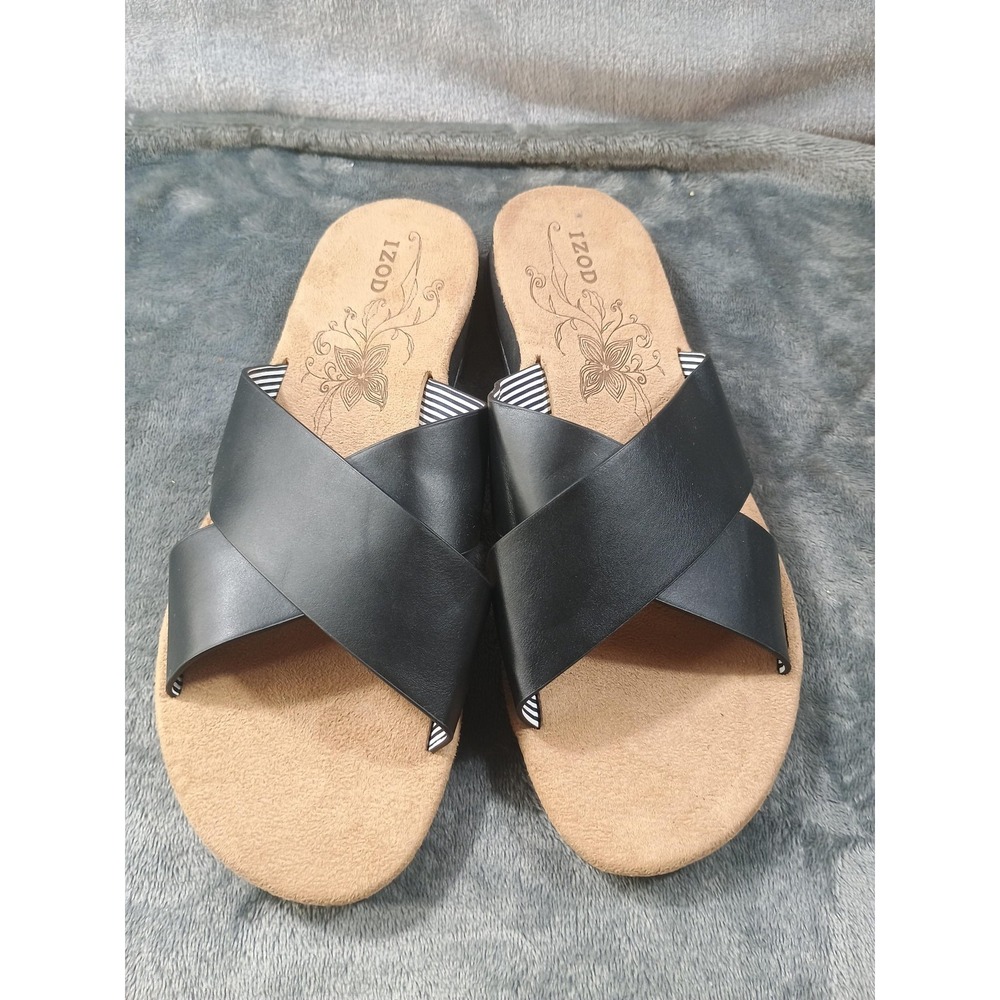 IZOD Womens Alyssa Black 9M Crisscross Strap Slide Sandals